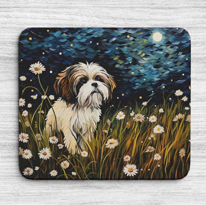 Starry Night Dog Mouse Pad for Home Office Gaming Working Desk Computer Desktop Accessories Non-Slip Rubber Mouse Pad for Dog Lovers (Shih Tzu #2)
