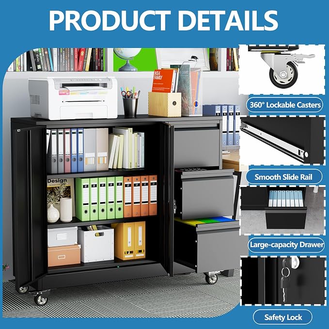 pozdeg Lockable Lateral File Cabinet with Gooseneck Handle, 3 Drawer Mobile Rolling File Cabinet with Wheels, Anti-Rust Sturdy Steel Cabinet for Home Office Workspace Organization (Black)