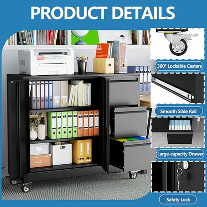 pozdeg Lockable Lateral File Cabinet with Gooseneck Handle, 3 Drawer Mobile Rolling File Cabinet with Wheels, Anti-Rust Sturdy Steel Cabinet for Home Office Workspace Organization (Black)