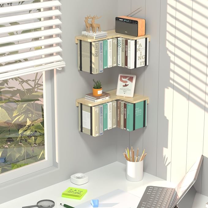 L-Shaped Corner Floating Shelves Set of 2, Floating Book Shelves for Wall | Pine Wood Wall Mount Floating Bookshelf with Hanging Strap Holds 9 Books, Hanging Hookshelf Display Shelf for Home Wall Decor
