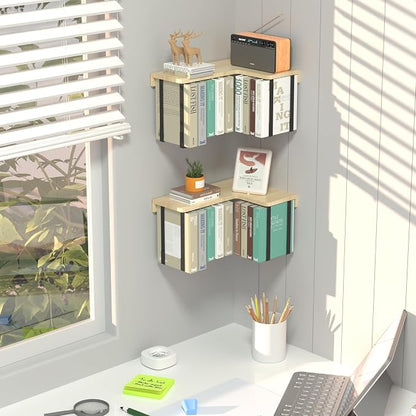 L-Shaped Corner Floating Shelves Set of 2, Floating Book Shelves for Wall | Pine Wood Wall Mount Floating Bookshelf with Hanging Strap Holds 9 Books, Hanging Hookshelf Display Shelf for Home Wall Decor