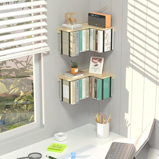 L-Shaped Corner Floating Shelves Set of 2, Floating Book Shelves for Wall | Pine Wood Wall Mount Floating Bookshelf with Hanging Strap Holds 9 Books, Hanging Hookshelf Display Shelf for Home Wall Decor