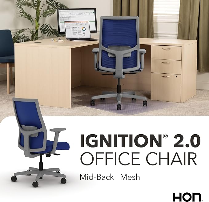 HON Ignition 2.0 Mid‑Back Ergonomic Office Chair, Mesh Task Desk Chair with Lumbar Support, Standard Synchro‑Tilt, Height and Width Adjustable Arms, Titanium Frame, Cobalt
