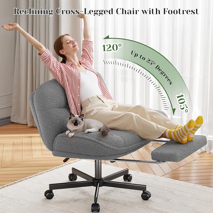 DurayLoly Cross Legged Office Chair with Foot Rest, 6.3" Thick Cushioned Criss Cross Chair with Wheels, Height Adjustable Swivel Vanity Chair for All-Day Comfort (Grey)