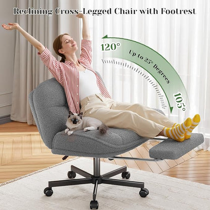 DurayLoly Cross Legged Office Chair with Foot Rest, 6.3" Thick Cushioned Criss Cross Chair with Wheels, Height Adjustable Swivel Vanity Chair for All-Day Comfort (Grey)