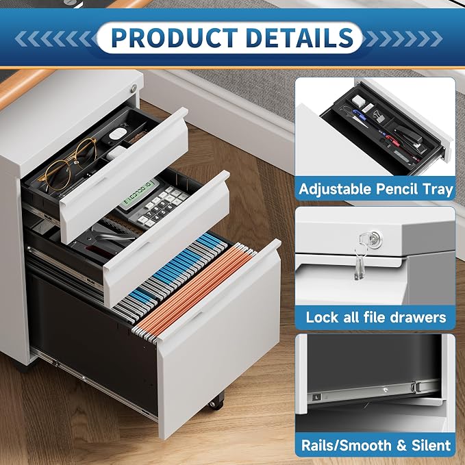 Locking File Cabinet 3 Drawers on Wheels Under Desk, Metal Filing Cabinets for Home Office, A4, Letter-Size Files, Hanging File Folders-White