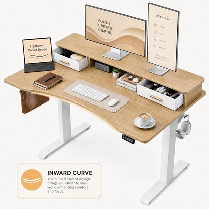 Grandder Electric Standing Desk with Two Drawers, Curved Desktop Sit to Stand Up Height Adjustable Desk with Storage Shelf for Home Office, 47 * 26 Inch, Ergonomic Adjustable Computer Desk, Oak