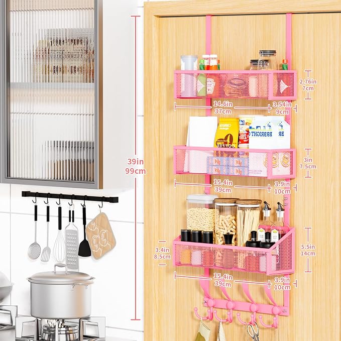 Kaiferty Over The Door Hooks Organizer, Coat Rack Over The Door Storage Hanger Towel Rack, Back of Door Storage Organizer for Bathroom,Bedroom,Kitchen,Office (Pink, 4-Tier)