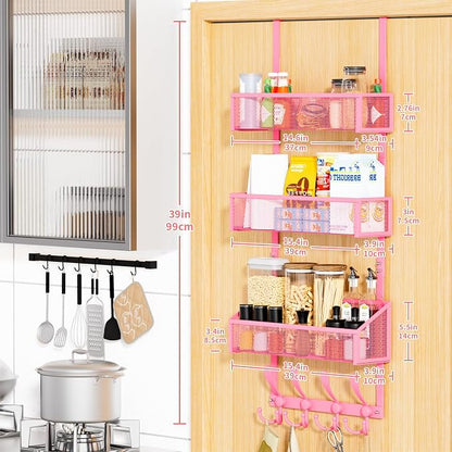 Kaiferty Over The Door Hooks Organizer, Coat Rack Over The Door Storage Hanger Towel Rack, Back of Door Storage Organizer for Bathroom,Bedroom,Kitchen,Office (Pink, 4-Tier)
