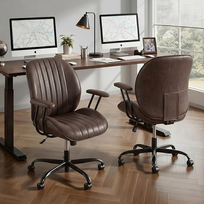 KISLOT Ergonomic Home Office Chair with Removable Arms, Adjustable Swivel Desk Chair with Wheels, Modern Faux Leather Computer Chair with Lumbar Support, Set of 2, Espresso