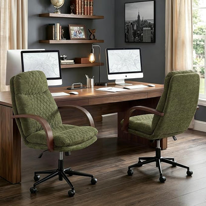 KISLOT Home Office Desk Chair, Ergonomic Office Chair with Lumbar Support, Adjustable Swivel Computer Chair with Wheels, Fabric Executive Task Chair with Wood Arms, Set of 2, Moss Green