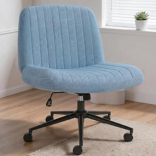 Shintenchi Criss Cross Chair,Cross Legged Office Seat with Wheels Armless Swivel Vanity Chair,Height Adjustable Wide Computer Task Seating for Home Office,Blue ﻿