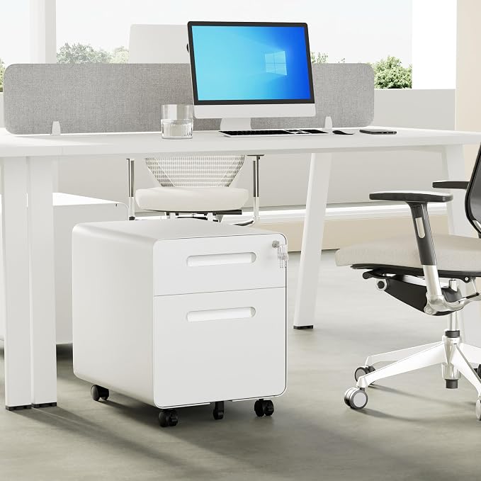 File Cabinet, Mobile Filing Cabinet with Lock, All Steel Structure Printer Stand, Fully Assembled Except Casters, Under Desk Storage for Home Office, 2 Drawers Document Organizer, White