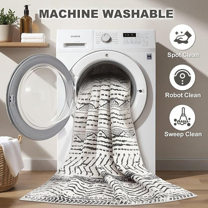 Nakagishi Area Rug Living Room Rugs: 6X9 Machine Washable Boho Large Neutral Farmhouse Stain Resistant Moroccan Indoor Floor Carpet for Bedroom Nursery Dorm Dining Room Home-Ivory Black