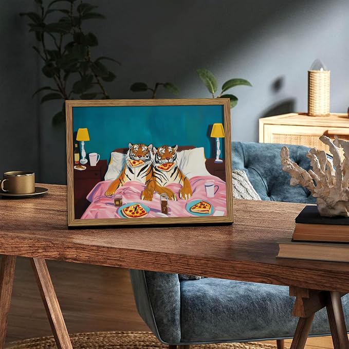 Framed Tiger Pizza Wall Art, Dopamine Wall Decor Canvas Print, Vintage Fun Tiger Eating Pizza in Bed Poster, Abstract Animal Picture Painting Art for Bedroom Living Room Home Decor 8x10 inch