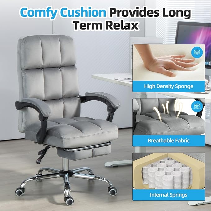 ECOTOUGE Velvet Executive Office Chair with Footrest, Ergonomic Comfy Desk Chair, High Back Computer Chair with Adjustable Tilt Angle, Grey