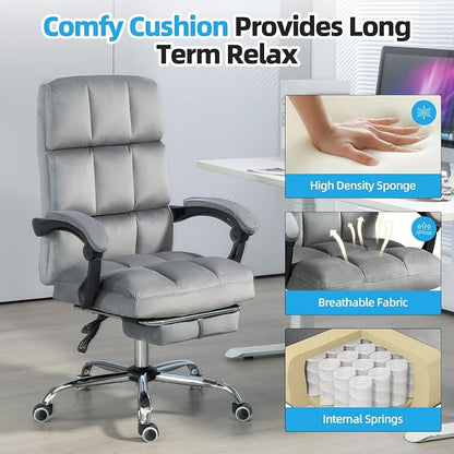 ECOTOUGE Velvet Executive Office Chair with Footrest, Ergonomic Comfy Desk Chair, High Back Computer Chair with Adjustable Tilt Angle, Grey
