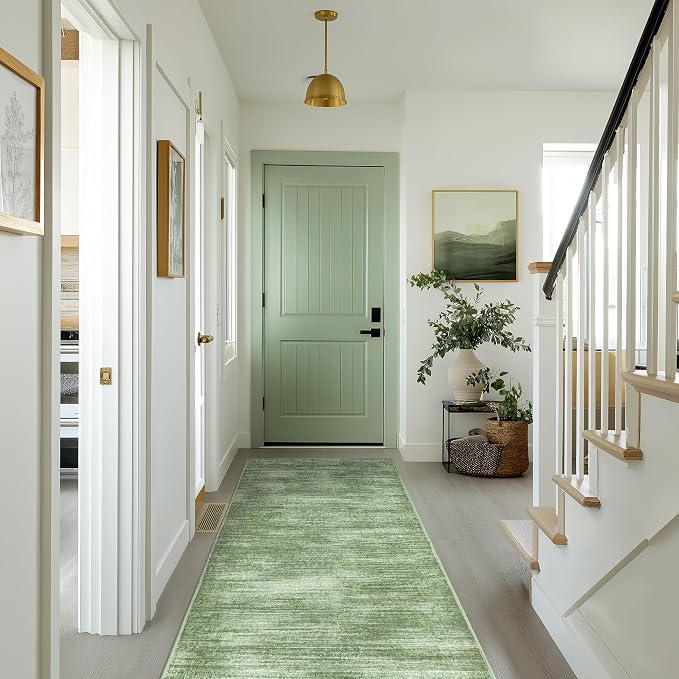 BILEEHOME 2x6 Runner Rug for Hallways Non Slip Washable Neutral Abstract Modern Olive Green Area Rug for Kitchen Laundry Room Dark Green Floor Covering Carpet 2 x 6