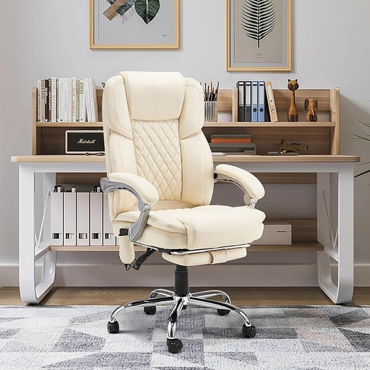 HOMREST Executive Office Chair with Footrest, 6-Point Massage Office Chair with Reclining Backrest, Heated Leather Computer Chair for Home Office(Cream)