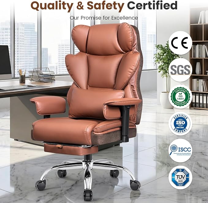 BESTFAIR Big and Tall Office Chair - 400 LBS Capacity Executive Chair with High Back & Footrest, Ergonomic Office Chair for Heavy People, Wide Padded Seat Computer Gaming Chair, Brown 2 Pack