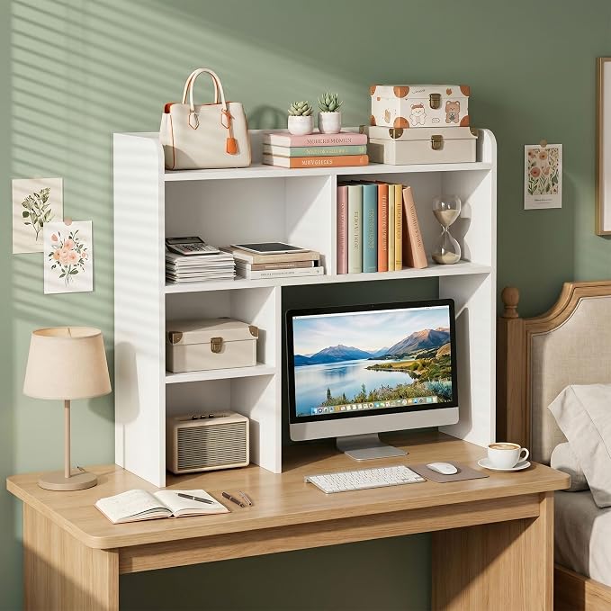 SUPER DEAL Desktop Bookshelf, Countertop Storage Hutch with 3 Shelves for Computer Desk, 2-Tier Display Rack, Multipurpose Wood Desk Hutch Storage Organizer for Home Office Dorm, White