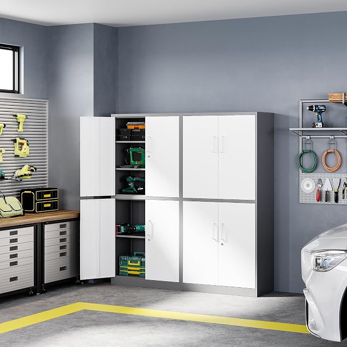 Letaya Metal Storage Cabinet with Lock Door, Adjustable Shelf Steel Cabinets for Office, Home,Pantry,Kitchen,Garage Utility Cabinet (4 Door-White&Gray)