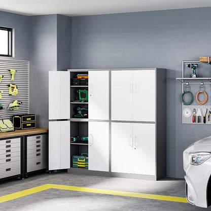 Letaya Metal Storage Cabinet with Lock Door, Adjustable Shelf Steel Cabinets for Office, Home,Pantry,Kitchen,Garage Utility Cabinet (4 Door-White&Gray)