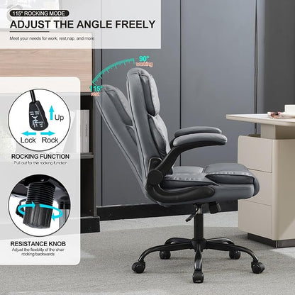Office Desk Chair,Mid Back Executive Leather Chair,Ergonomic Home Computer Chair,Modern Conference Room Chairs with Adjustable Flip-Up Arms and Rocking Function (Grey)