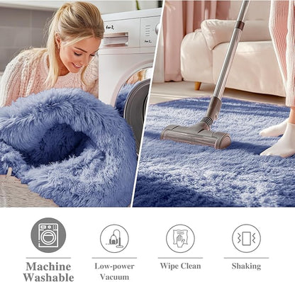 OLANLY Denim Blue Round Rugs for Bedroom - Machine Washable, 9 ft Circle Area Rugs for Living Room, Soft and Fluffy Shaggy Carpet for Teen Girl and Boys, Nursery Rooms, Dorms, Home Decor Aesthetic