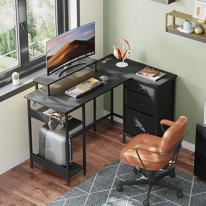 DEVAISE 48 Inch L Shaped Gaming Desk with Drawers and Storage, Corner Desk with LED Lights, Power Outlets, Computer Desk with Monitor Stand, Office Desk for Home, Black