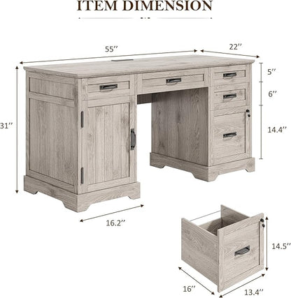 Whalefall 55'' Farmhouse Desk Home Office with Drawers, Light Gray | Executive Computer Desk with File Cabinet and Charging Station, Wooden Small Desk with Locking Drawers Storage