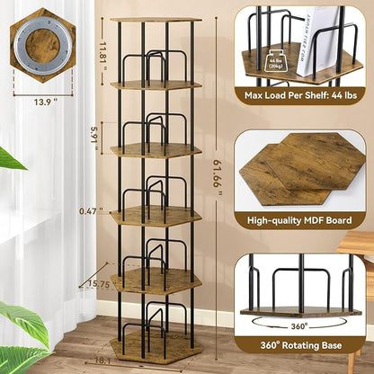 SUNMORY 5 Tier Rotating Bookshelf Tower, Revolving 360 ° Spinning Bookcase, Hexagonal Corner Book Shelf Storage Carousel, Vertical Rotate Turning Organizer Book Shelves for Living Room Office Bedroom