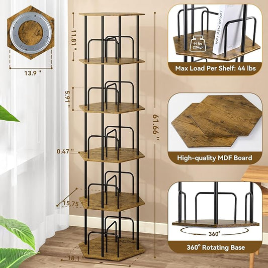 SUNMORY 5 Tier Rotating Bookshelf Tower, Revolving 360 ° Spinning Bookcase, Hexagonal Corner Book Shelf Storage Carousel, Vertical Rotate Turning Organizer Book Shelves for Living Room Office Bedroom
