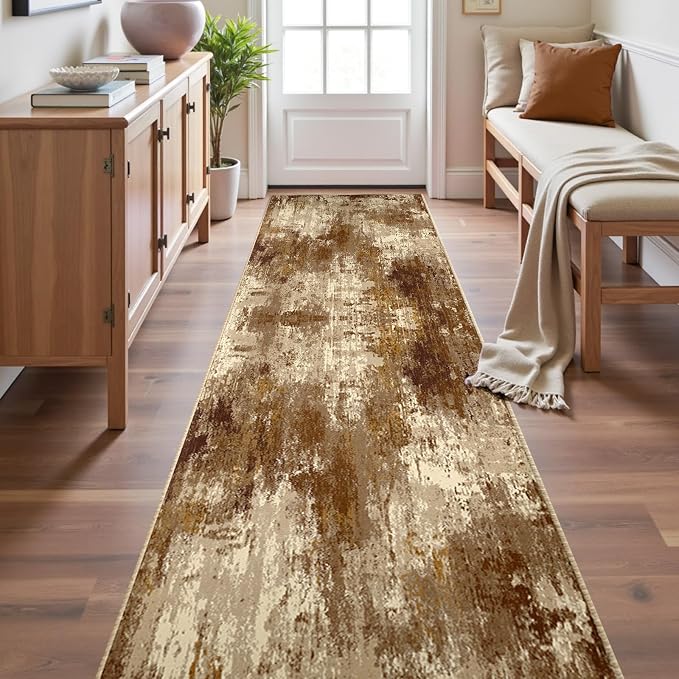 RELEANY Washable Area Rugs 2'x10' Non-Slip Modern Abstract Soft for Living Room Entryway Bedroom Kitchen, Print Pattern, Brown Tan Beige Coffee