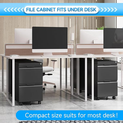 2 Drawer Mobile File Cabinet with Lock, Metal Filing Cabinet, Under Desk Rolling Small Filing Cabinet with Wheels for Home Office Storage, Fits Legal/A4/Letter/Document Size, Required Assembly, Black