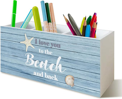 Beach Pen Holder for Home Office Kitchen Desk Decor, I Love You to the Beach and Back Wooden Pencil Holder Sign Organizer for Home Office Desk Accessories, Coastal Gifts for Women Men