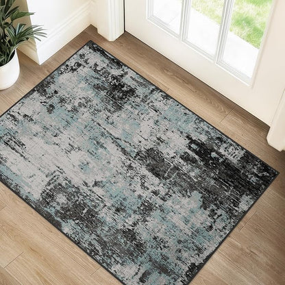 RELEANY Washable Area Rugs 2'x3' Non-Slip Modern Abstract Soft for Living Room Entryway Bedroom Kitchen, Print Pattern, Blue Black Teal