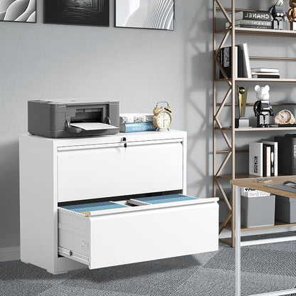 File Cabinets 2 Drawer,Metal Office Storage Filing Cabinet with Lock,White Lateral Filing Cabinet for Home Office,Horizontal Two Drawer File Cabinet for Legal/Letter/A4,Assembly Require,White