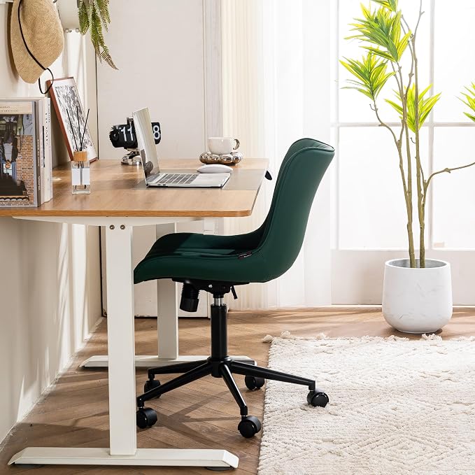 YOUTASTE Dark Green Armless Office Chair, Modern Adjustable Swivel Desk Chair with Wheels, Upholstered PU Leather, Black Metal Legs, Back Support for Home Office, Study, Vanity, Bedroom