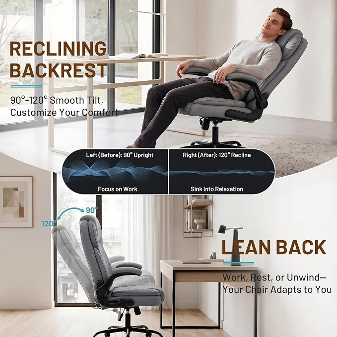 Ergonomic Office Chair, PU Leather High Back Executive Chair with Adjustable Inflatable Lumbar Support and Padded Flip-Up Arms, Recline Swivel Task Computer Chair for Home Office, Gray