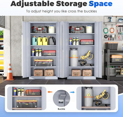 INTERGREAT Metal Garage Storage Cabinet with Lock, 72" Storage Cabinet with Locking Doors and 4 Adjustable Shelves, Lockable Steel Tool Cabinet for Home Office, School, Cement Grey