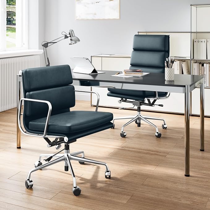 Mid-Back Genuine Leather Office Chair, Padded Executive Desk Chair with Aluminum Arms and Base, Swivel Wheels with Lumbar Support & Tilting Function, Hight Adjustable, Silent Weheels, Dark Blue