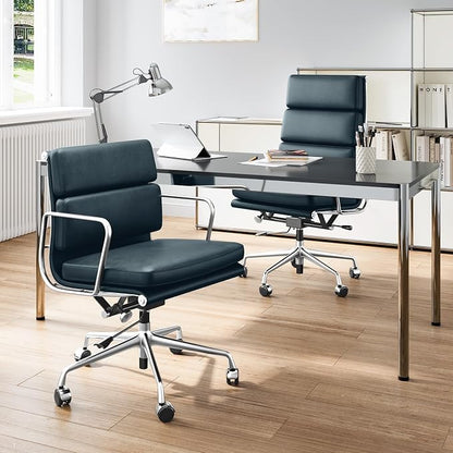 Mid-Back Genuine Leather Office Chair, Padded Executive Desk Chair with Aluminum Arms and Base, Swivel Wheels with Lumbar Support & Tilting Function, Hight Adjustable, Silent Weheels, Dark Blue