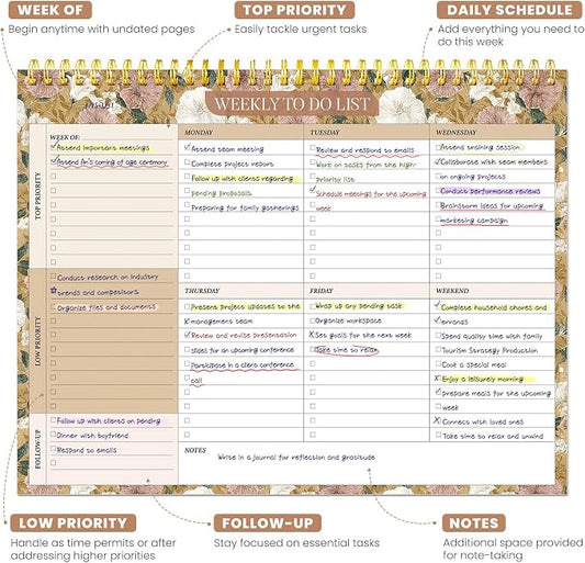 Weekly To Do List Notepad with 52 Undated Sheets（8.5"×11"）- Undated Weekly Planner Notepad for Office Desk Accessories and Supplies - Toffee Blossom