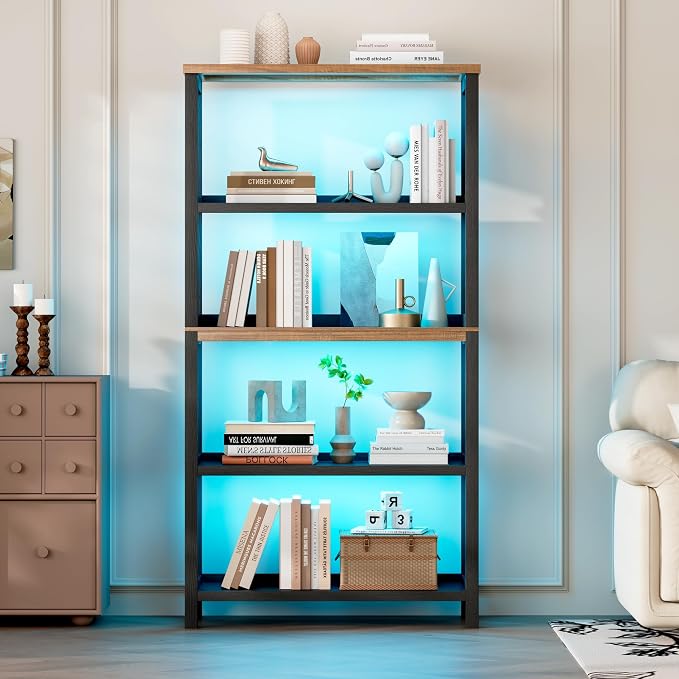Vlsrka Wooden Bookshelf with Lights, 5 Tier Bookshelf with Storage, Tall Bookcase with Open Shelves, Standing Bookshelves Display Rack for Living Room, Home Office, Black