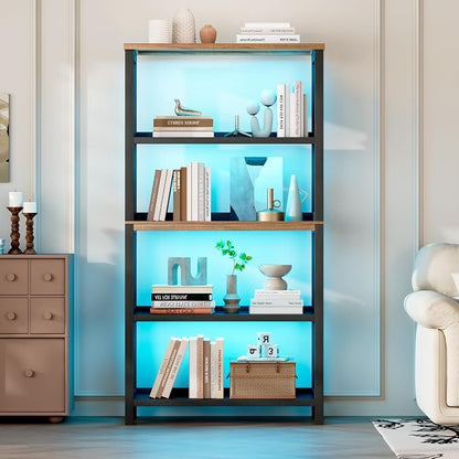 Vlsrka Wooden Bookshelf with Lights, 5 Tier Bookshelf with Storage, Tall Bookcase with Open Shelves, Standing Bookshelves Display Rack for Living Room, Home Office, Black