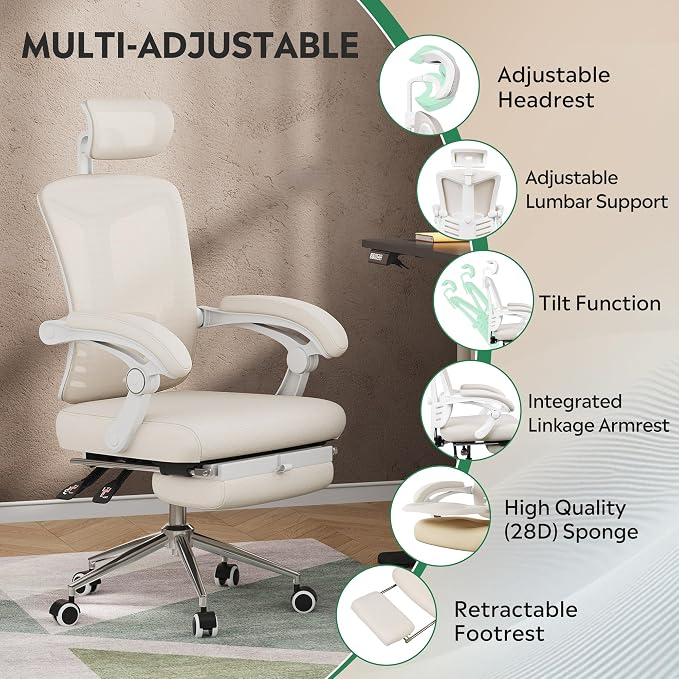 DEVAISE Ergonomic Mesh Office Desk Chair with Footrest, Comfrotable Big and Tall Reclining Computer Chair with Adjustable Lumbar Support, Backrest Adjustable, High Back SGS Class 4 Gas Lift, White