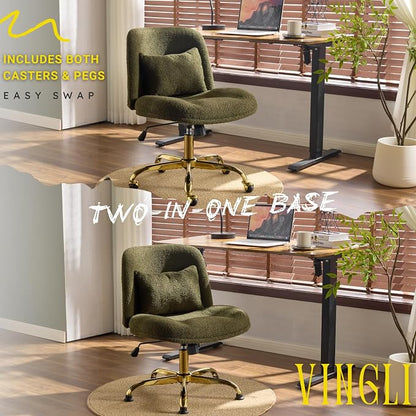 VINGLI Wide Criss Cross Legged Office Chair,Buttprint Ergonomic Desk Chair Comfy with Pillow&Gold Base,Dual-Use with/no Wheels,Adjustable Vanity Swivel Chair for Bedroom,Home Office,Teddy Fleece,Green