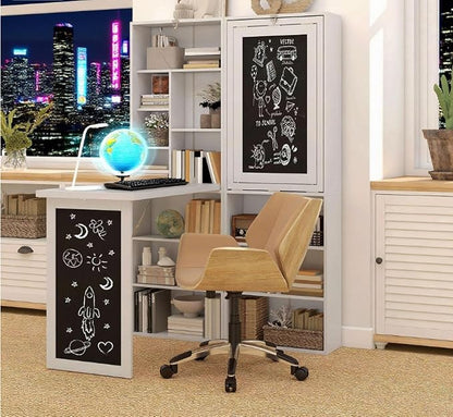 Foldable Wall Mounted Desk with Storage Shelves & Blackboard, Fold-Out Convertible Writing Table for Small Spaces | Space-Saving Floating Computer Desk for Home Office (White)