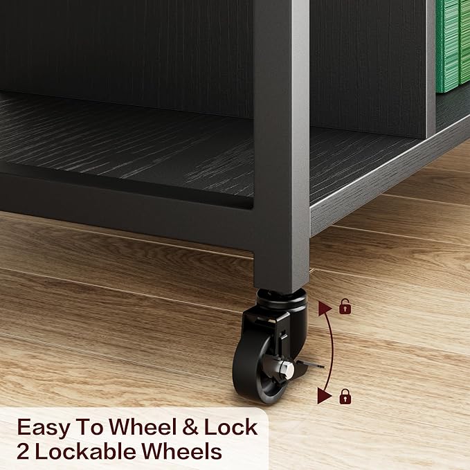 GAOMON Under Desk Printer Stand with Charging Station, Industrial Printer Table with 3 Storage Shelves, Mobile Heavy Duty Printer Cart with Lockable Wheels for Paper Storage, Home Office,Retro Black
